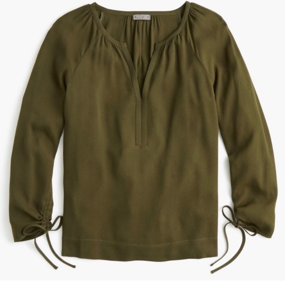 J.CREW POINT SUR Blouse Drapey Open V-Neck Long Sleeve Ruched Flowy Green J6240